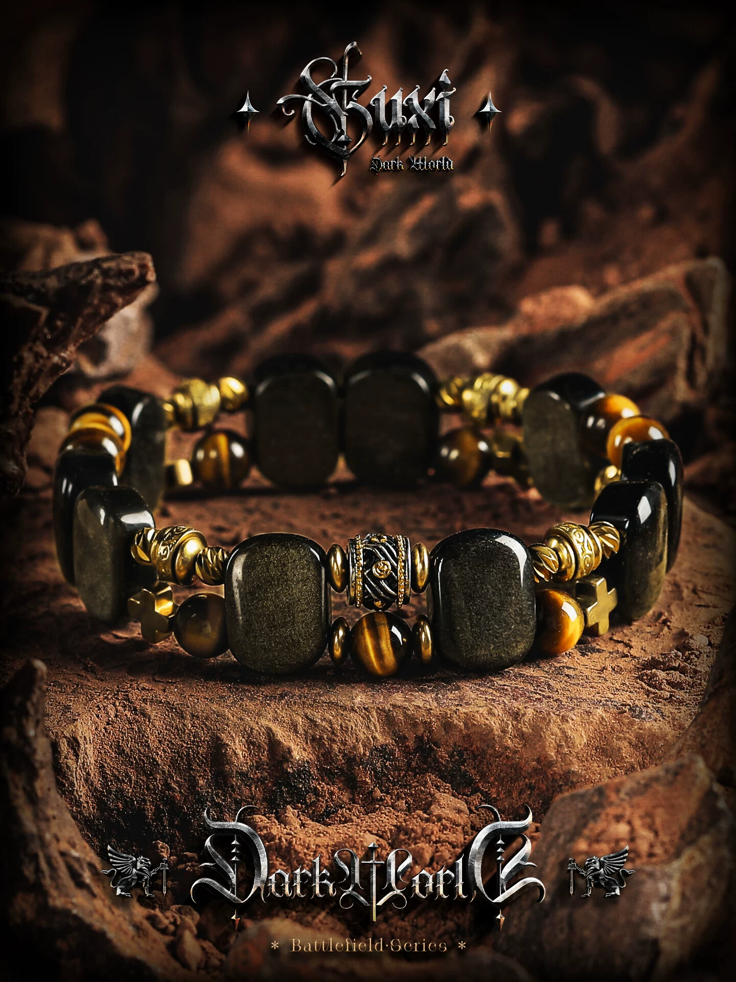 GUXI【无望之堕】原创设计天然金黑曜石手链男虎眼石手串复古手排