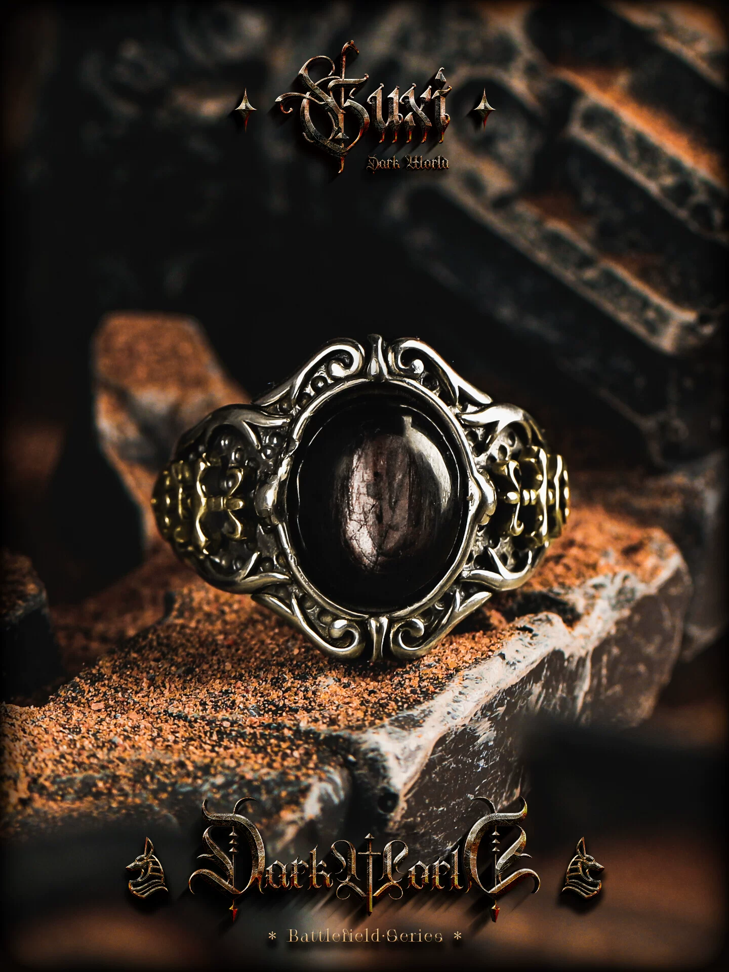 GUXI【邪刃】原创设计天然金运石925银戒指男宝石指环轻奢中古风