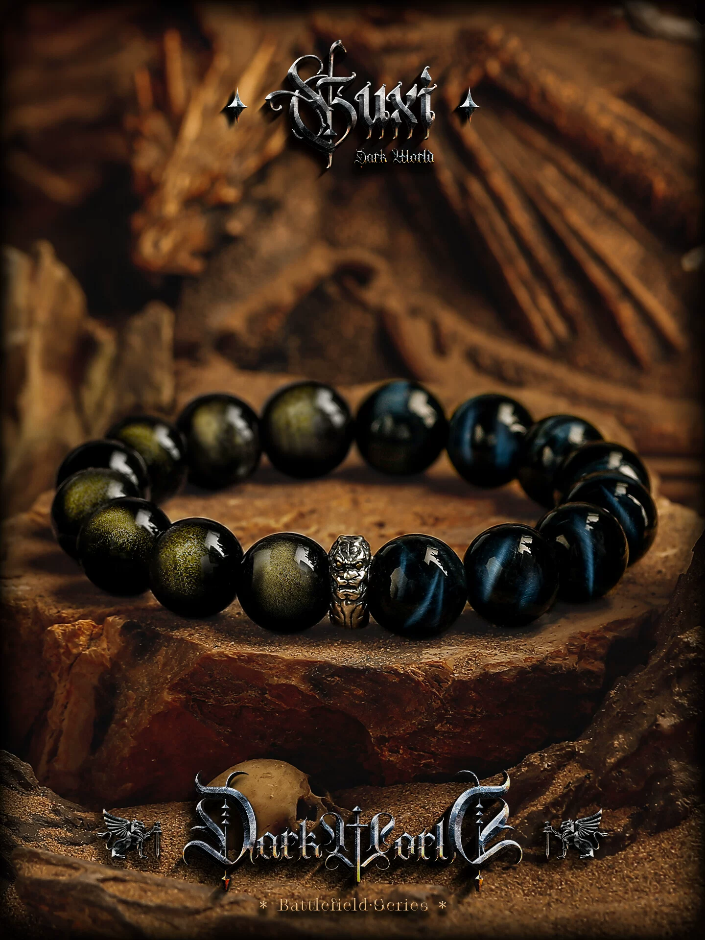 GUXI【龙之契约】金黑曜石手链男小众蓝虎眼石手串送男友生日礼物