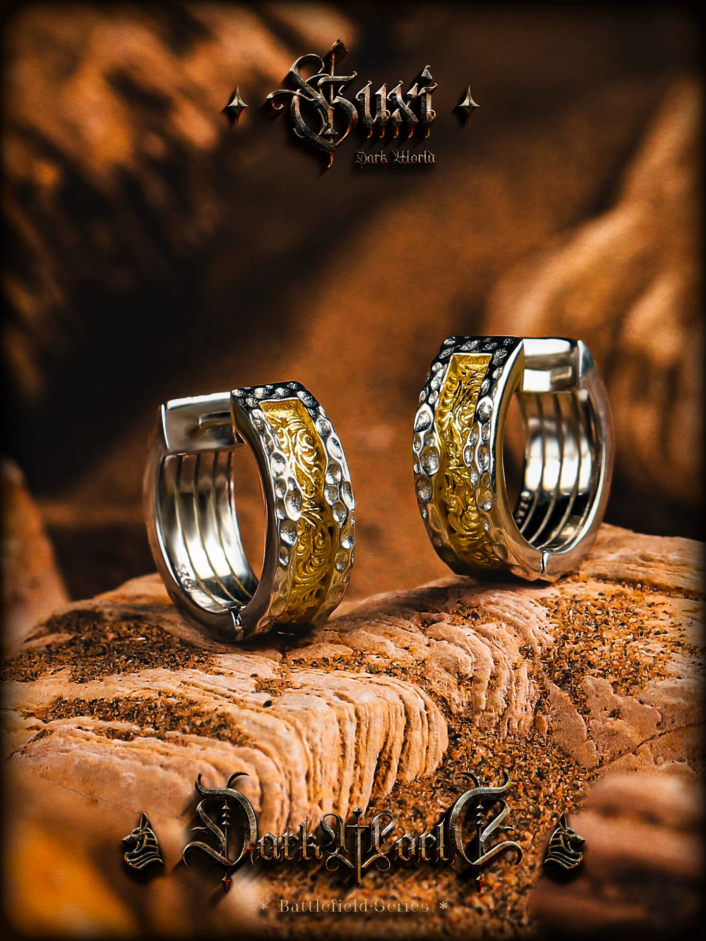 GUXI【凌云】唐草纹耳钉男生复古锤纹925银耳环小众耳圈双色耳扣