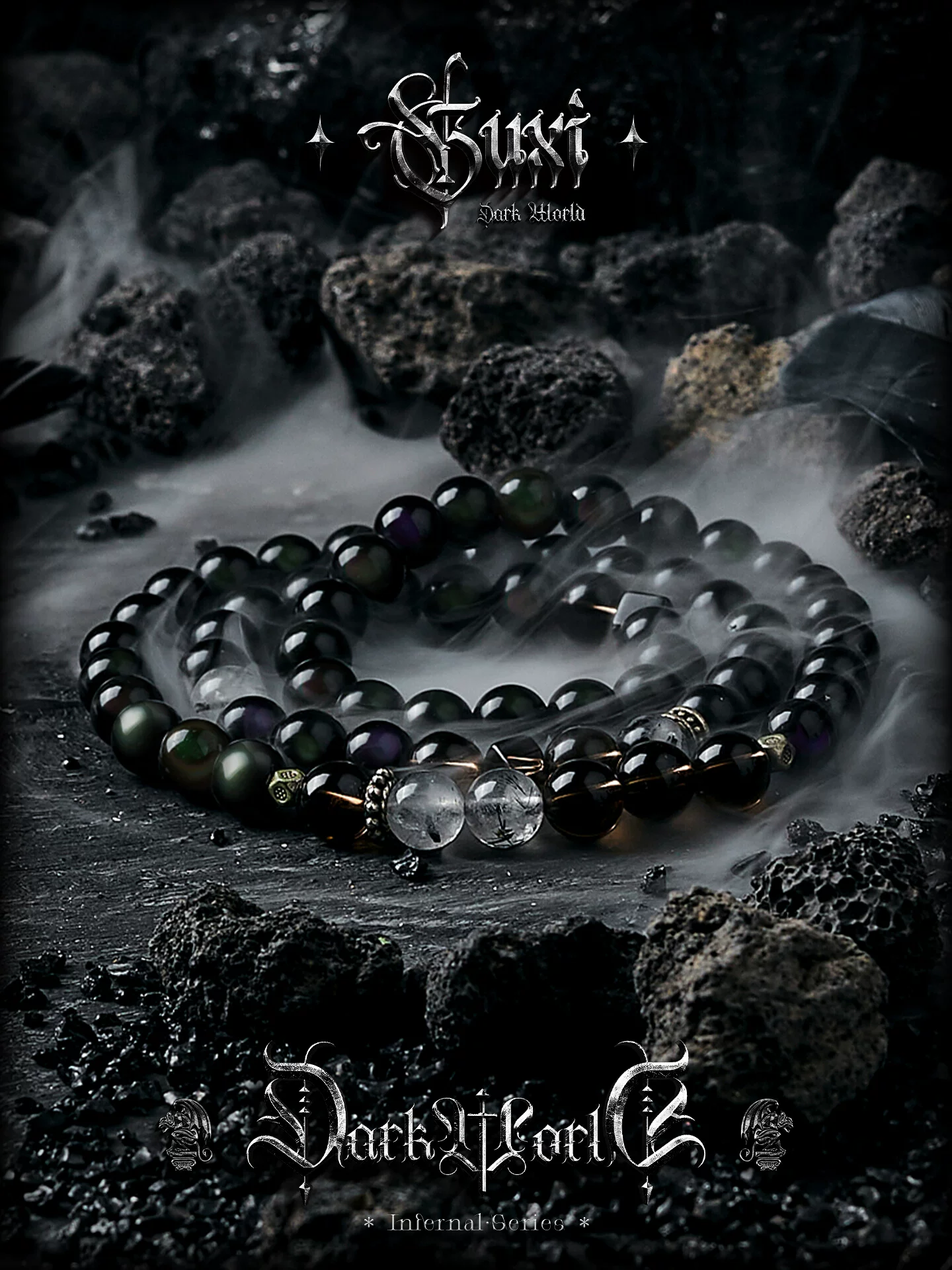 GUXI【狩魔】暗黑风黑曜石双层手链男生茶水晶手串黑发晶珠子饰品