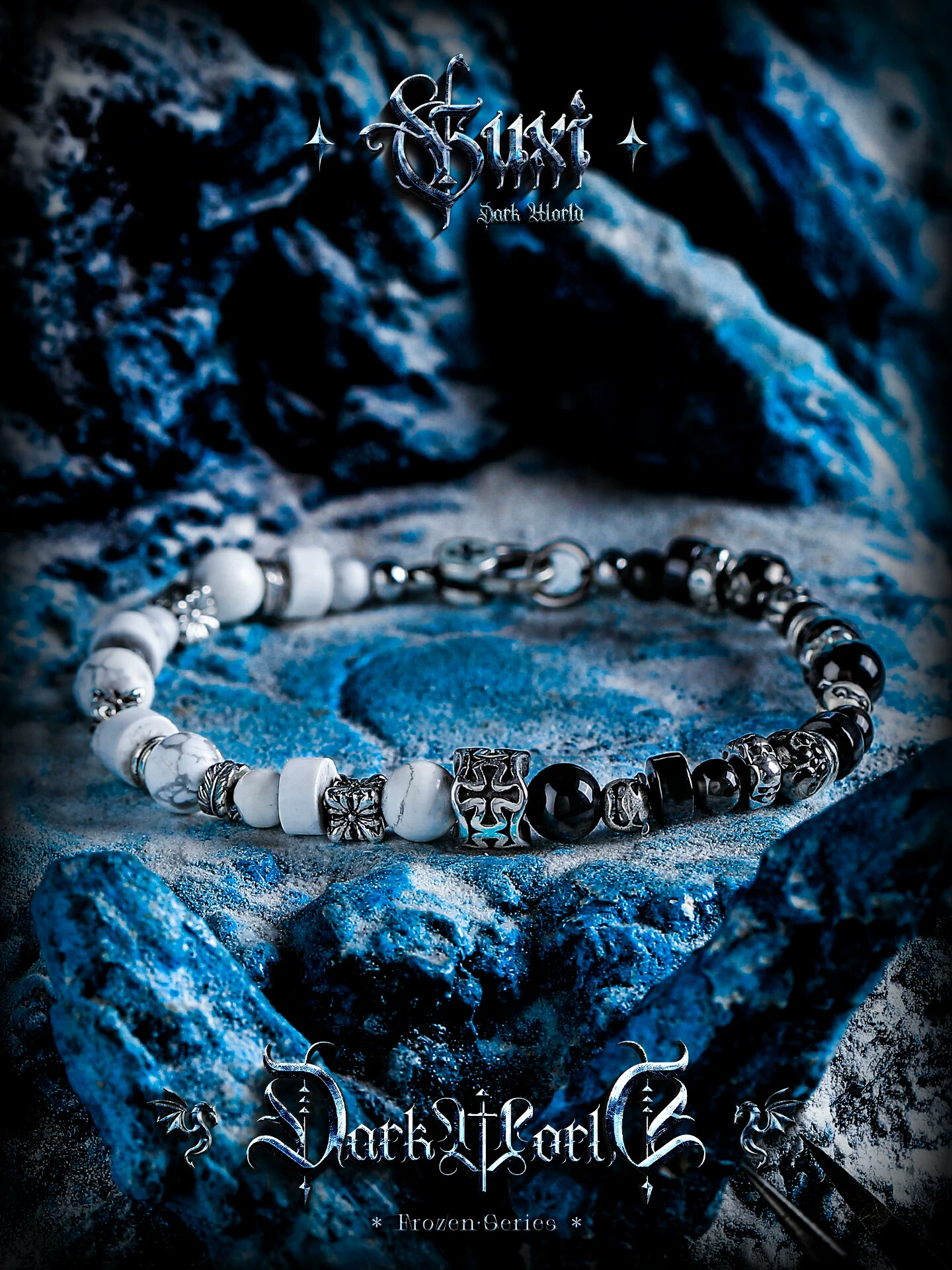 GUXI【寂影】小众设计黑曜石手链男潮黑玛瑙手串珠白纹石个性饰品