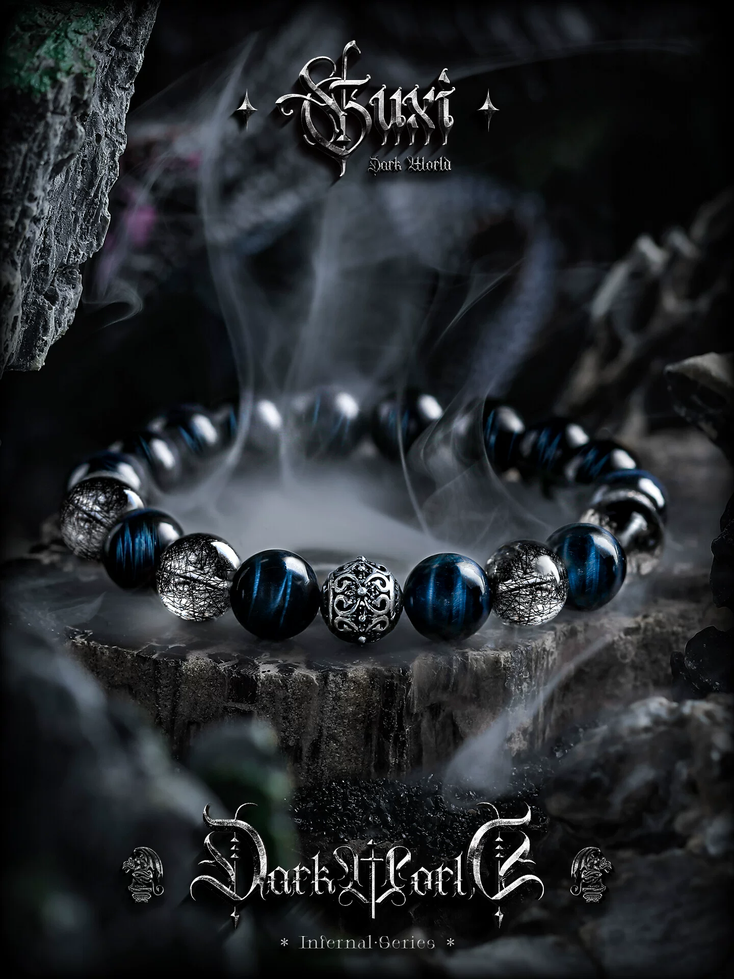 GUXI【异境】复古黑发晶水晶手链男闪电蓝虎眼石手串珠子小众饰品