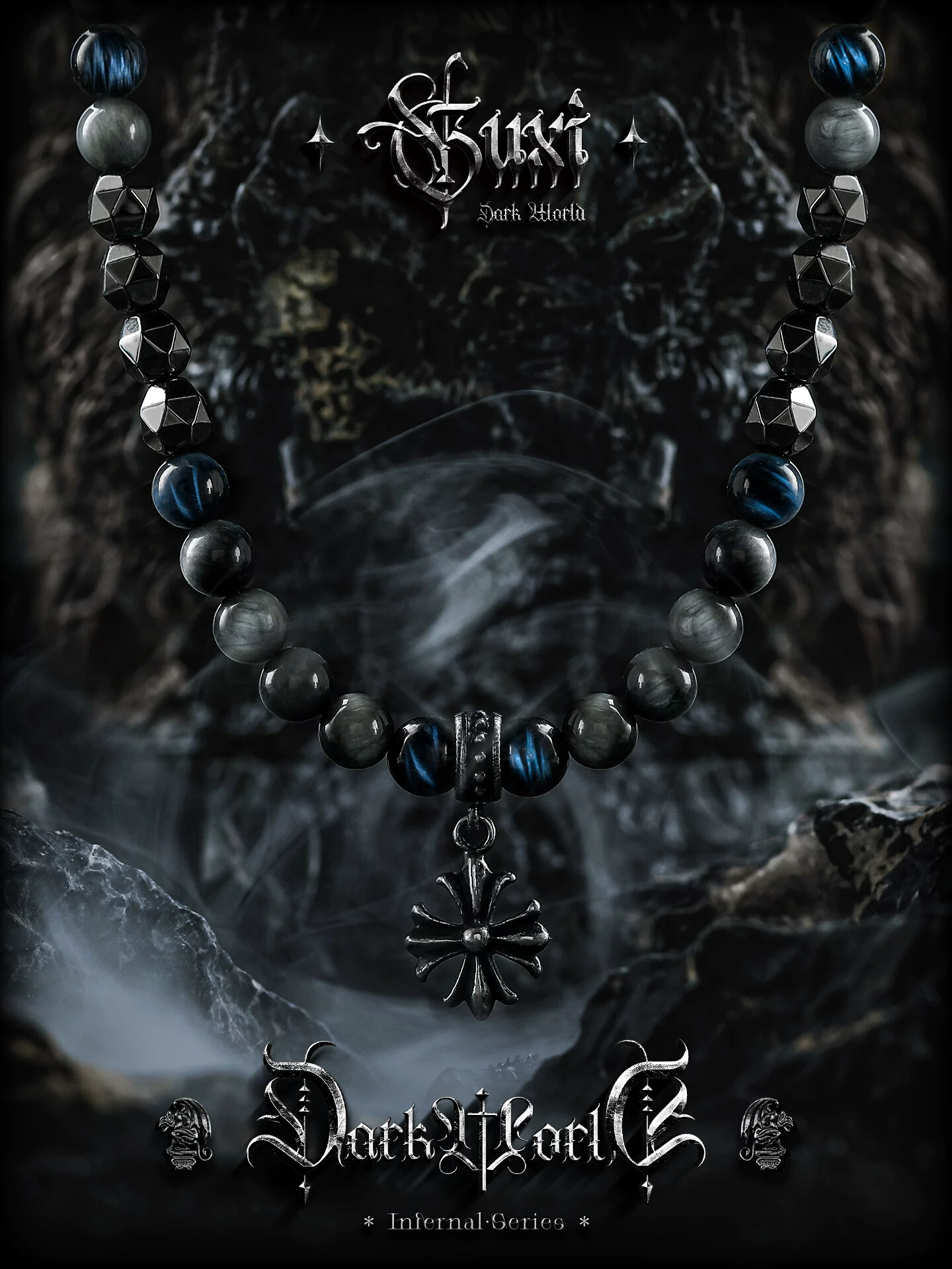 GUXI【夜宴】小众暗黑风蓝虎眼石串珠项链男毛衣链鹰眼石复古饰品