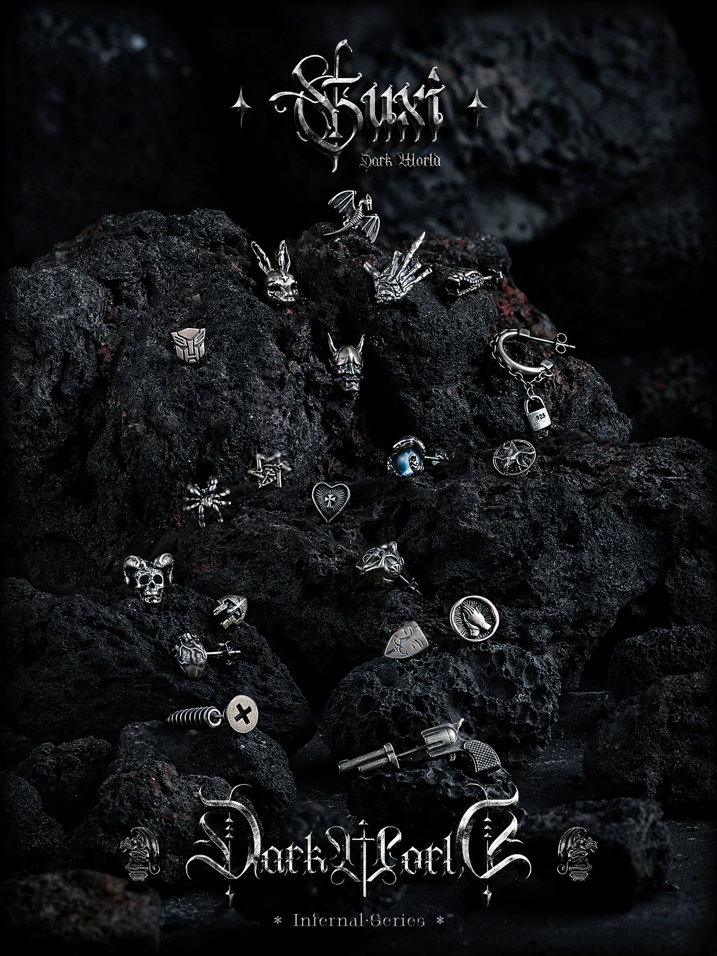 GUXI【黑夜】暗黑风小众复古925银耳钉男士 养耳洞高级感耳环做旧