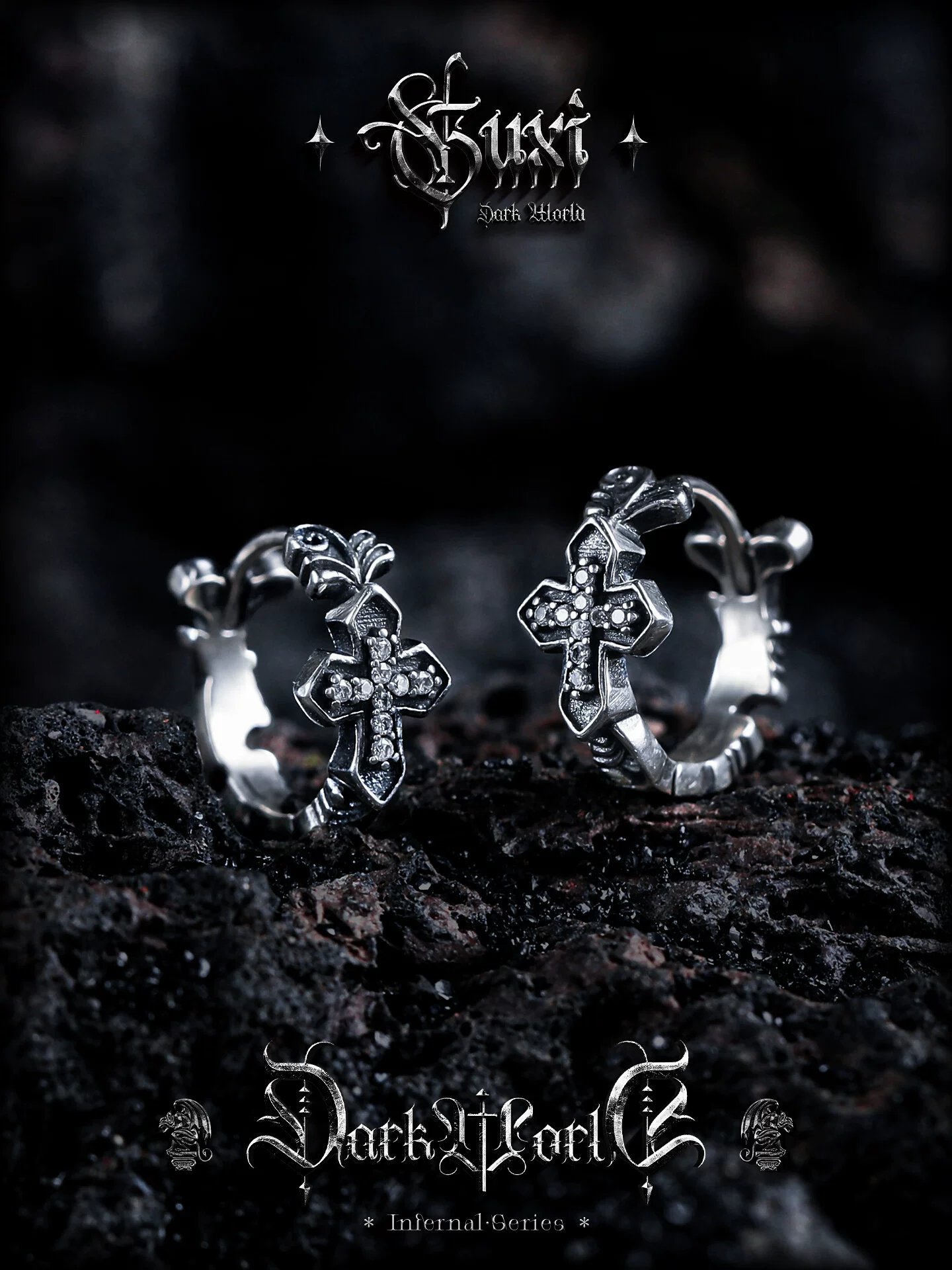 GUXI【归心】哥特风暗黑十字925银耳环男士耳钉小众耳扣复古耳饰