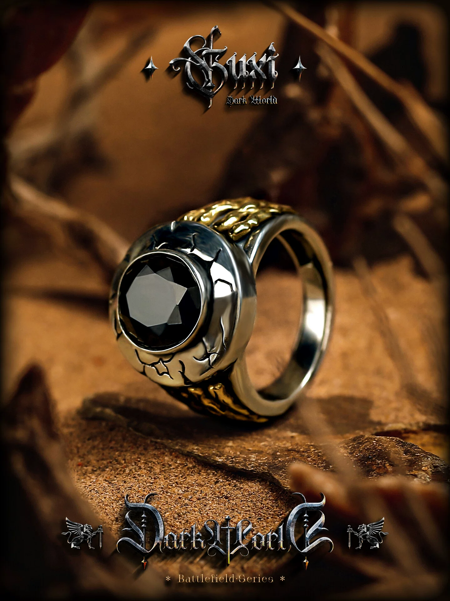 GUXI【战迹】复古黑玛瑙925银戒指男高级感小众指环开口个性银饰