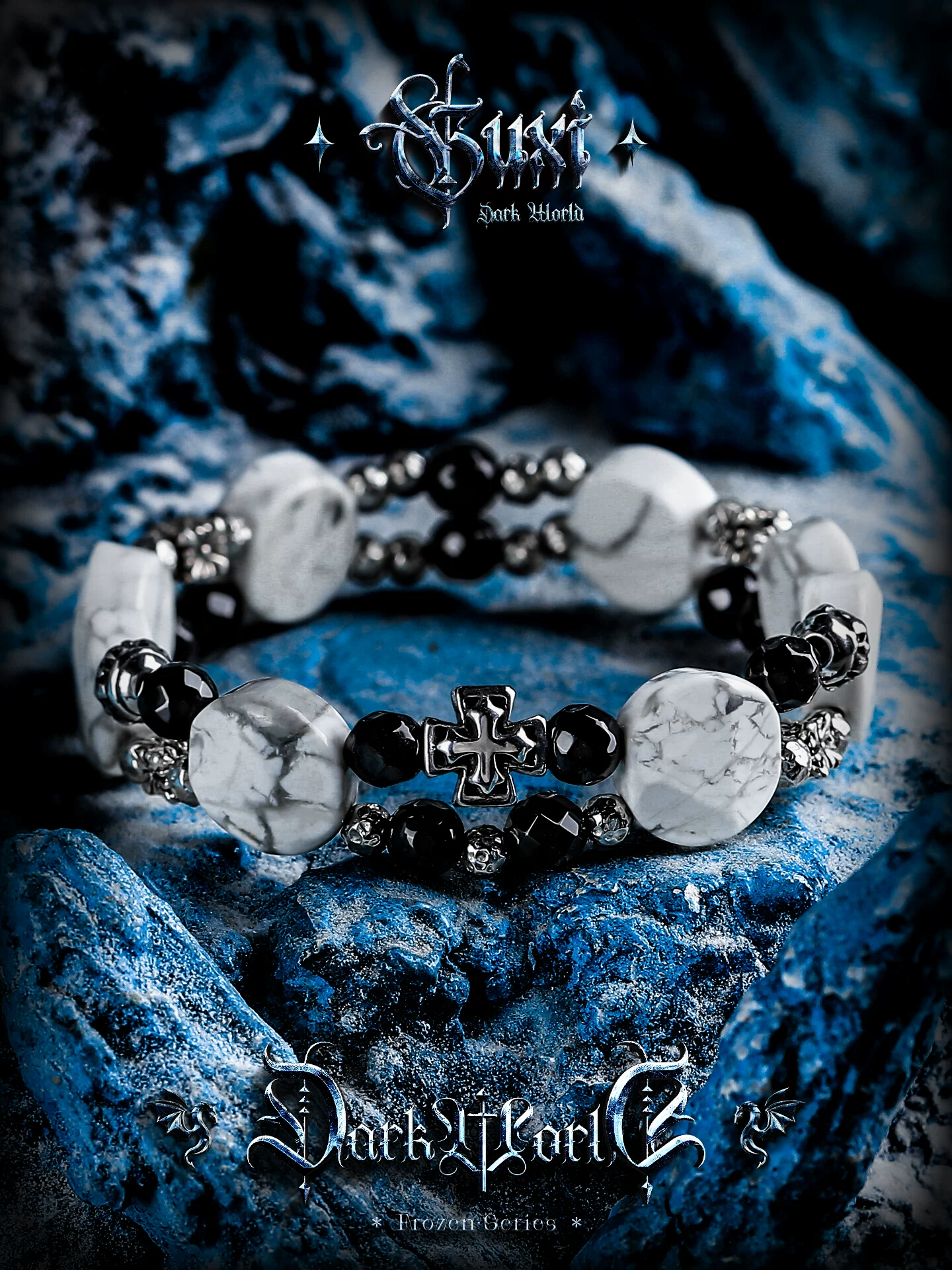 GUXI【冰寒之光】小众白纹石黑玛瑙手链男高级感双层手串珠冷淡风