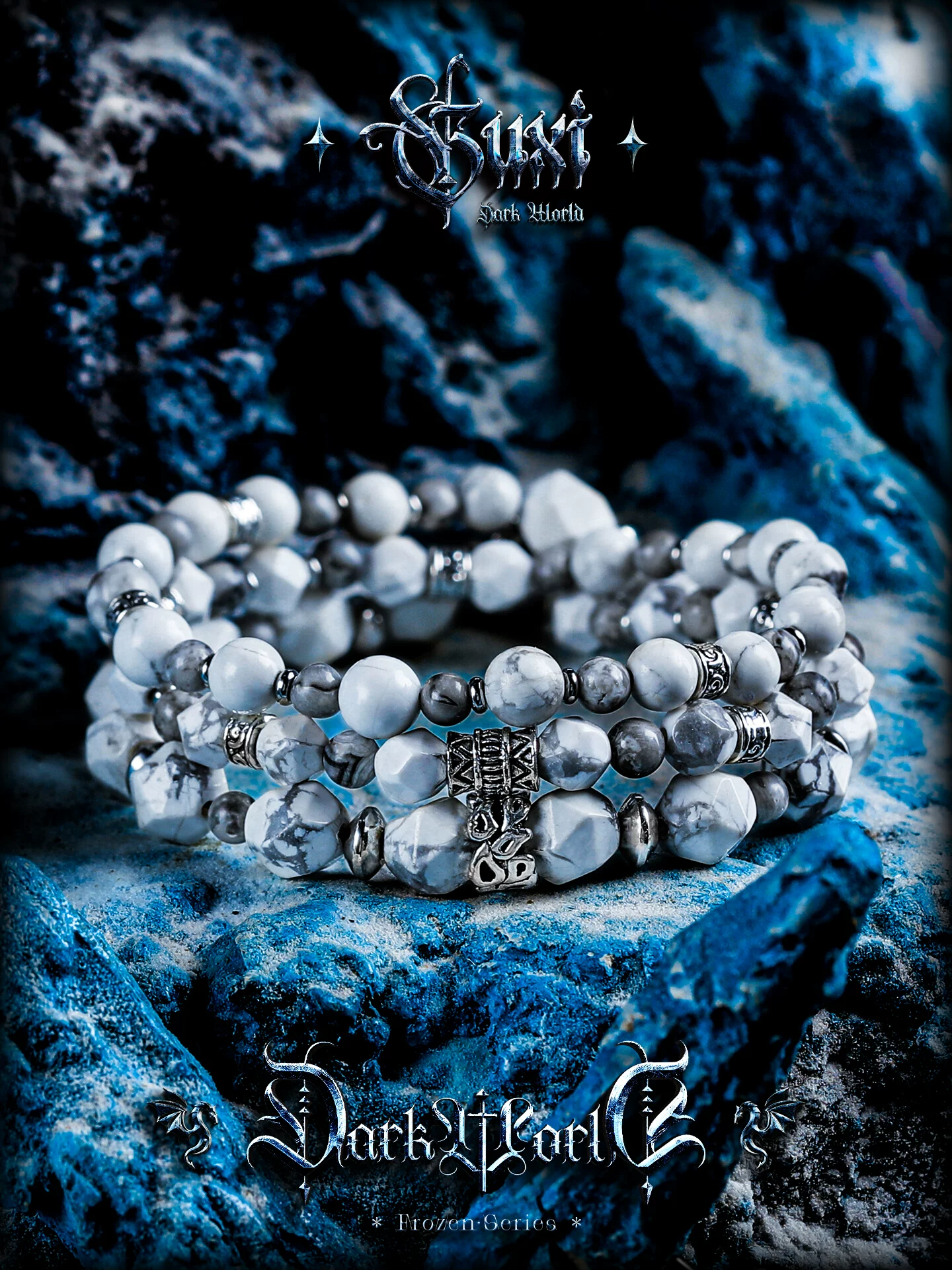 GUXI【雪魄】白纹石手链男生地图石手串多圈串珠叠戴小众生日礼物