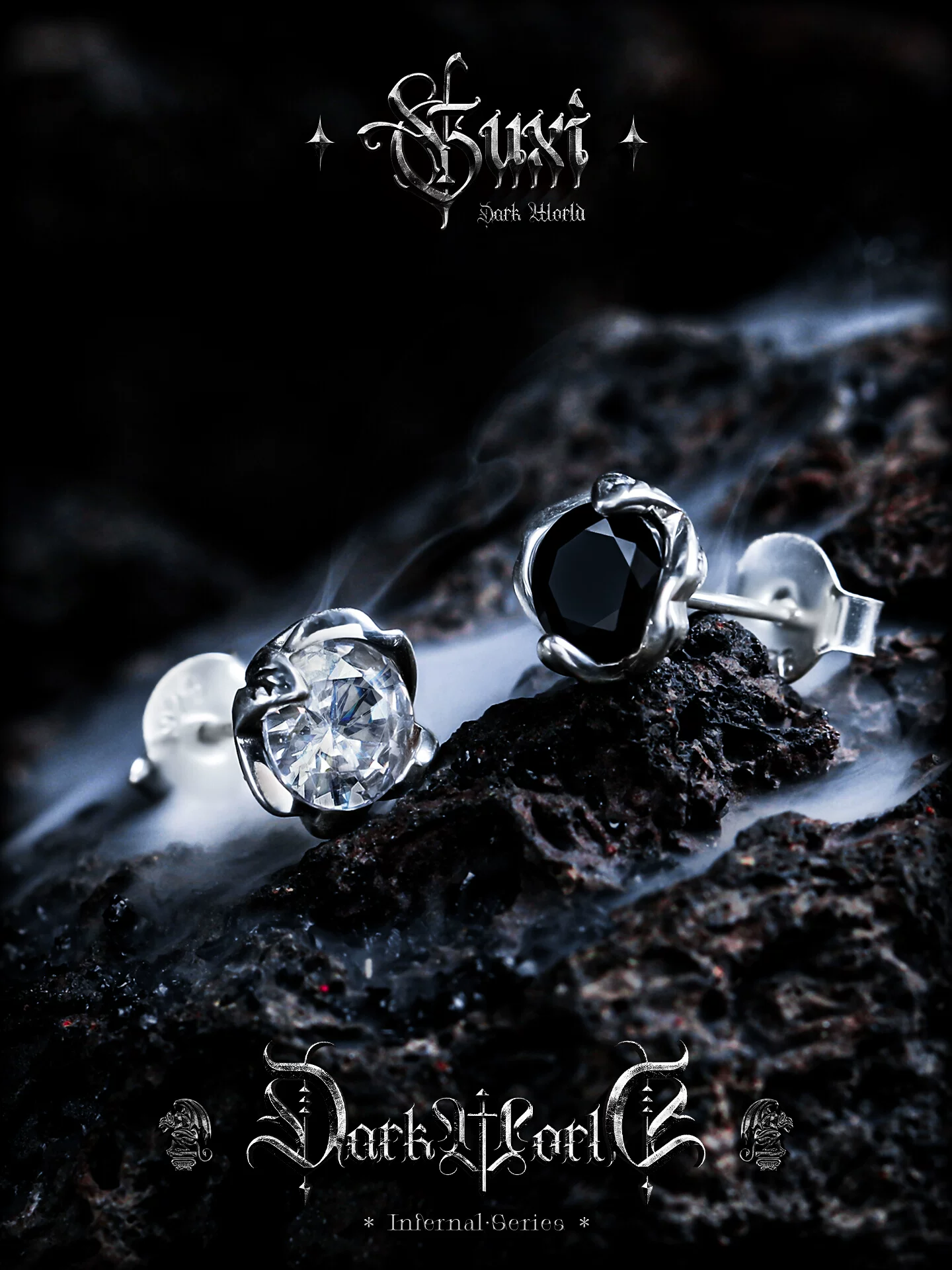 GUXI【希冀】黑白锆石s925银耳钉男士小众养耳洞单只耳饰复古个性