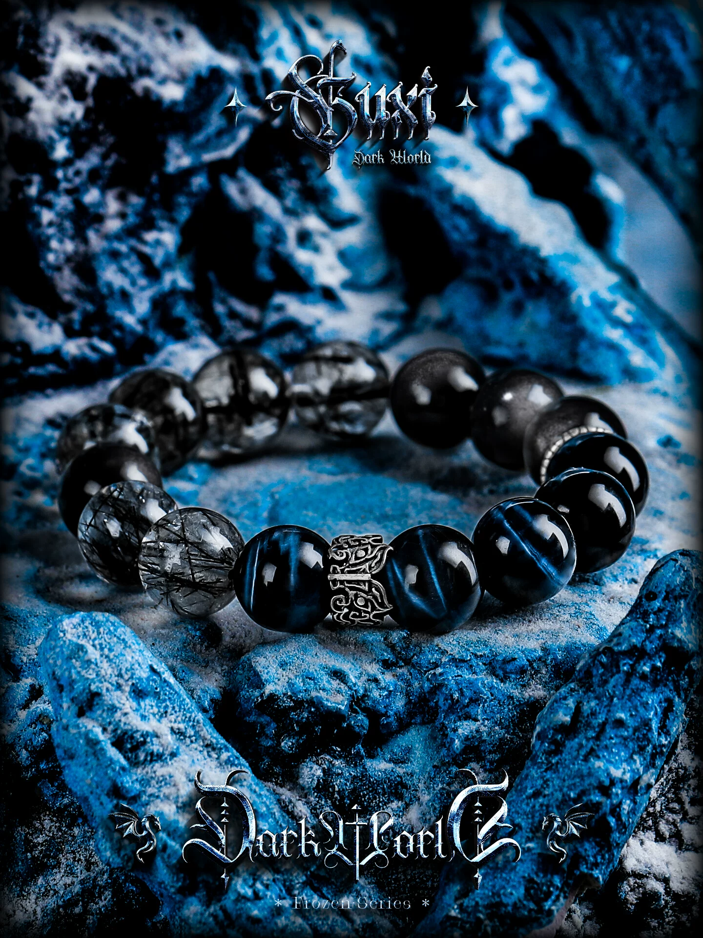 GUXI【吞噬】银黑曜石手链男士高级感黑发晶蓝虎眼石珠子手串轻奢