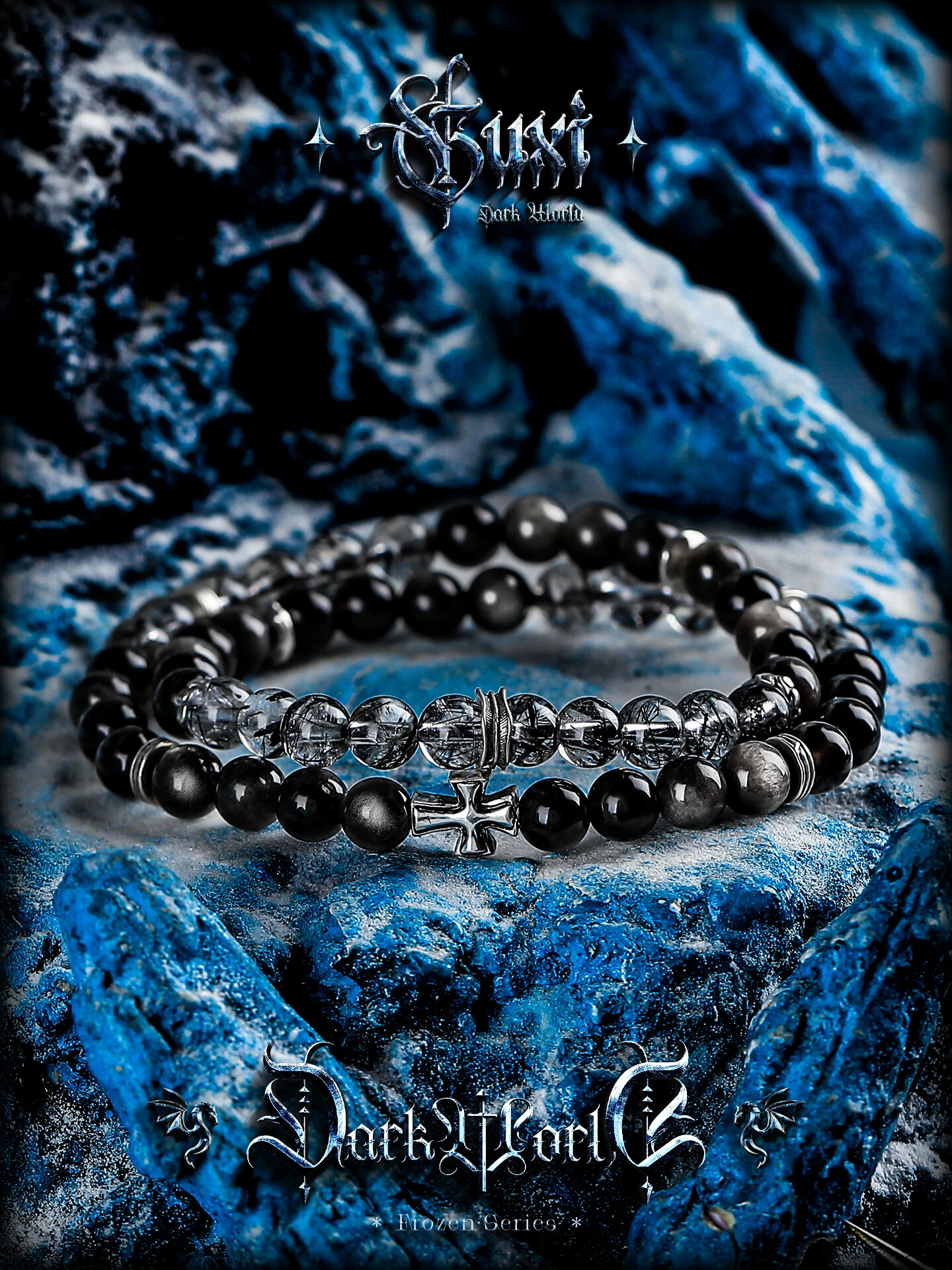 GUXI【潜夜】天然银黑曜石手链男士黑发晶手串珠水晶双圈叠戴复古