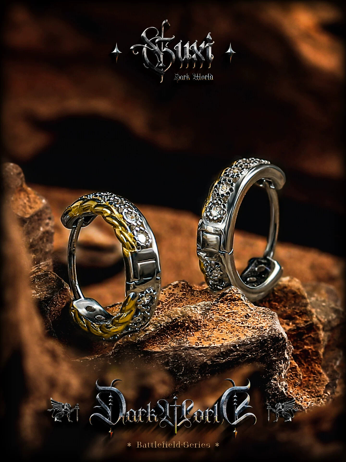 GUXI【流影】原创复古双色925银耳环男小众锆石耳圈耳扣饰品耳钉